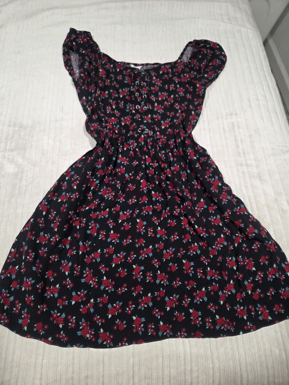 Aeropostal Black Floral Short-Sleeve Dress - Red Flower Print